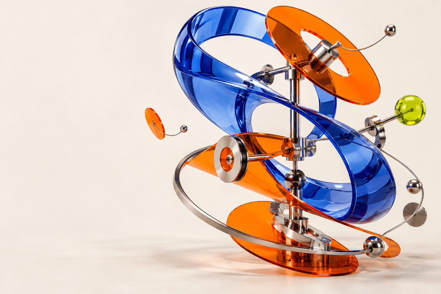 Abstract kinetic sculpture made from cobalt glass, orange acrylic, chrome and lime accents