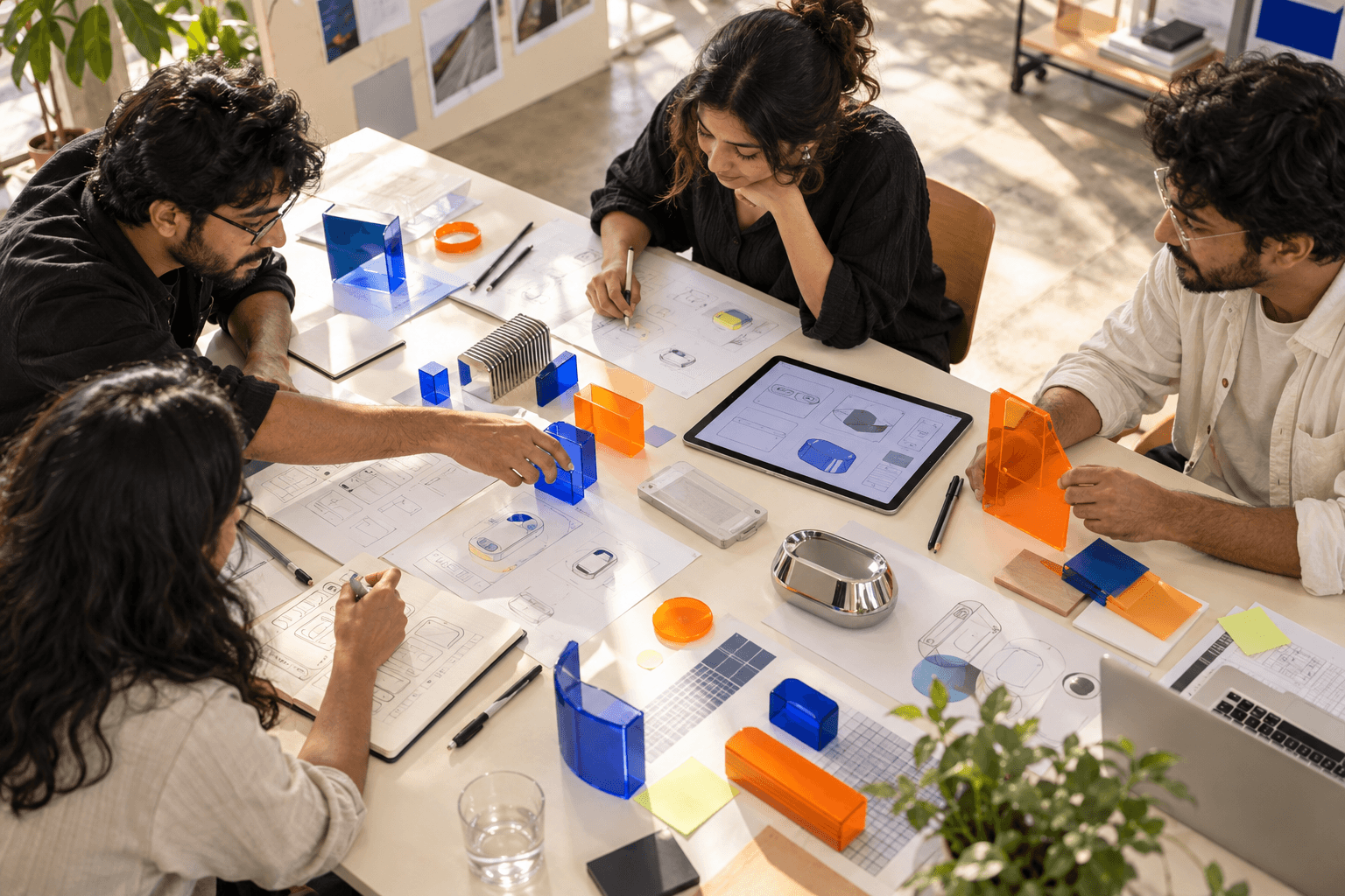 A multidisciplinary product team sketching interfaces and arranging physical prototypes around a studio table