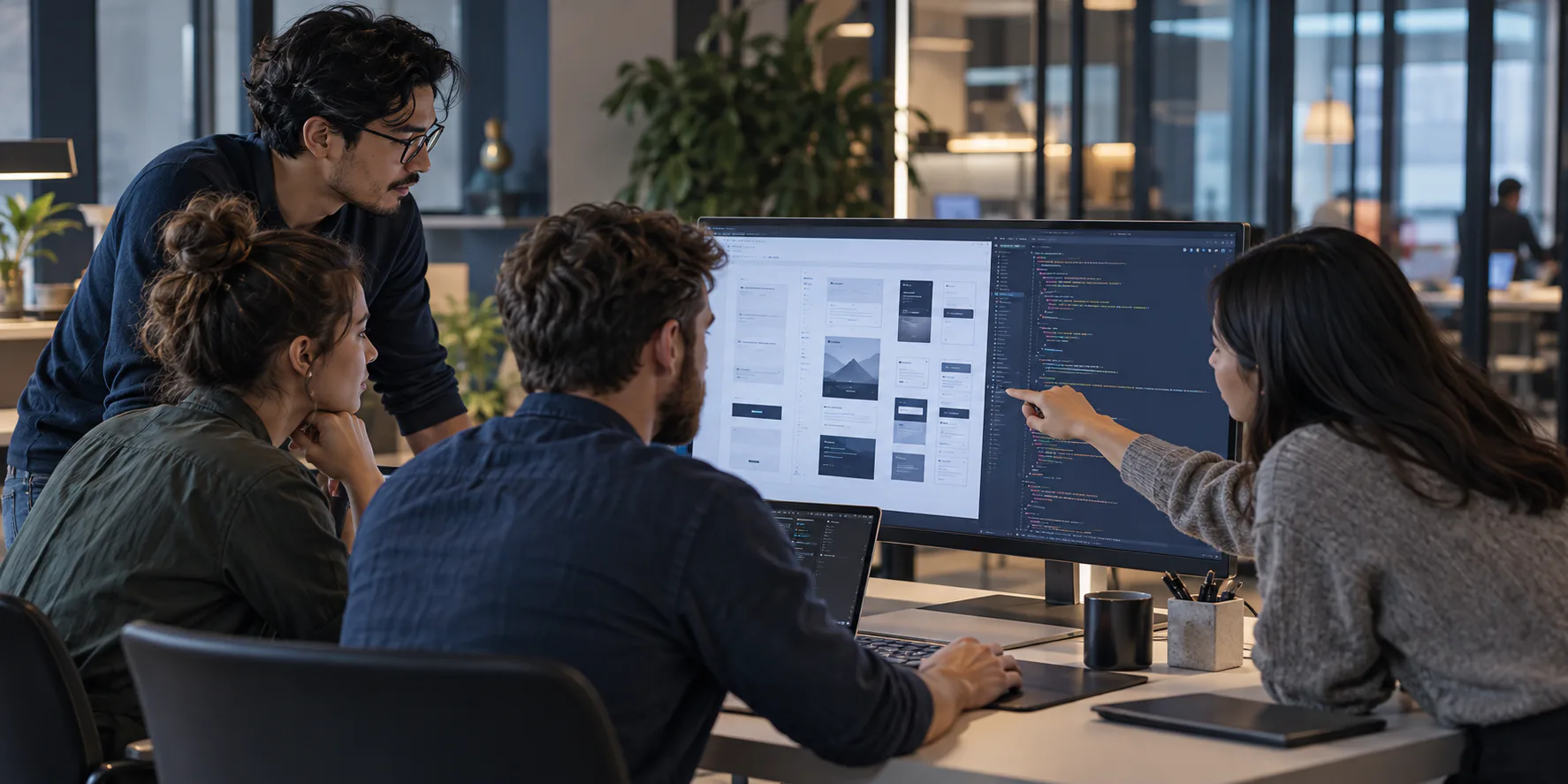 A product team collaborating around a software interface
